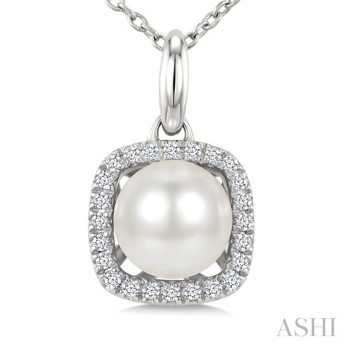 6 MM Cultured Pearl and 1/10 Ctw Round Cut Diamond Petite Cushion Shaped Fashion Pendant With Chain in 10K White Gold