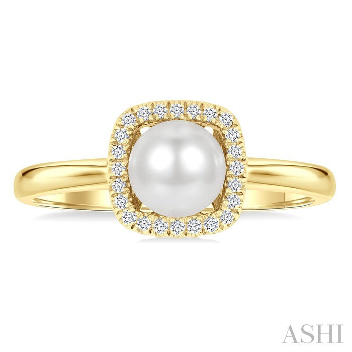 6 MM Cushion-Shaped Cultured Pearl and 1/10 Ctw Petite Round Cut Diamond Halo Ring in 10K Yellow Gold