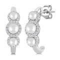 3MM & 4MM Cultured Pearl and 1/4 Ctw Round Cut Diamond Halo Half Hoop Earrings in 14K White Gold
