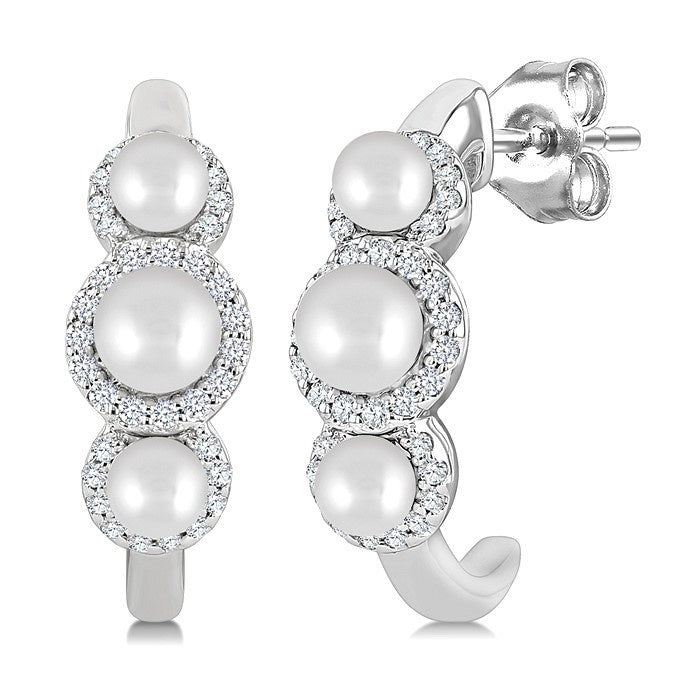 3MM & 4MM Cultured Pearl and 1/4 Ctw Round Cut Diamond Halo Half Hoop Earrings in 14K White Gold
