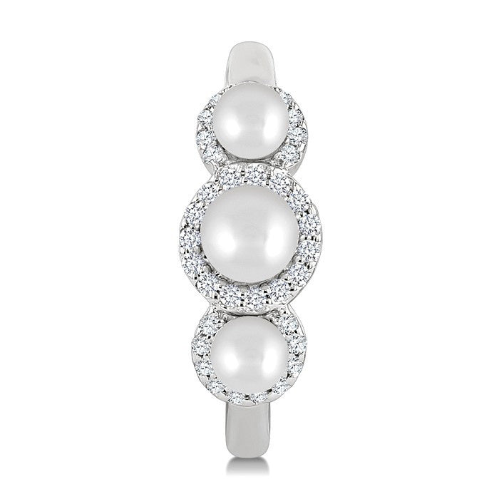 3MM & 4MM Cultured Pearl and 1/4 Ctw Round Cut Diamond Halo Half Hoop Earrings in 14K White Gold