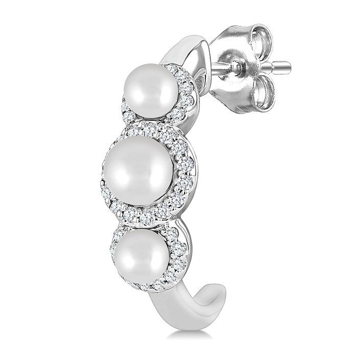 3MM & 4MM Cultured Pearl and 1/4 Ctw Round Cut Diamond Halo Half Hoop Earrings in 14K White Gold