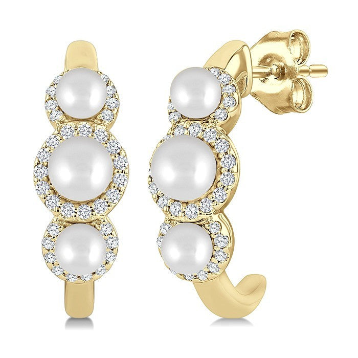 3MM & 4MM Cultured Pearl and 1/4 Ctw Round Cut Diamond Halo Half Hoop Earrings in 14K Yellow Gold