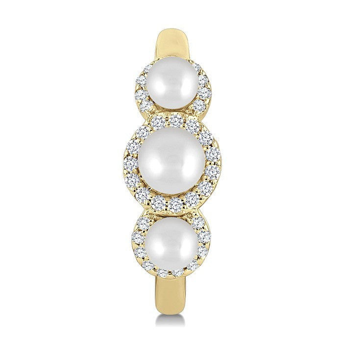 3MM & 4MM Cultured Pearl and 1/4 Ctw Round Cut Diamond Halo Half Hoop Earrings in 14K Yellow Gold