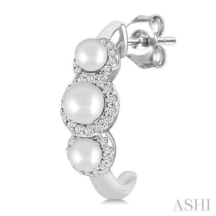 3MM & 4MM Cultured Pearl and 1/4 Ctw Round Cut Diamond Halo Half Hoop Earrings in 14K White Gold