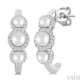 3MM & 4MM Cultured Pearl and 1/4 Ctw Round Cut Diamond Halo Half Hoop Earrings in 14K White Gold