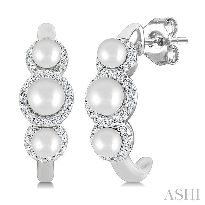 3MM & 4MM Cultured Pearl and 1/4 Ctw Round Cut Diamond Halo Half Hoop Earrings in 14K White Gold