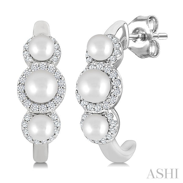 3MM & 4MM Cultured Pearl and 1/4 Ctw Round Cut Diamond Halo Half Hoop Earrings in 14K White Gold
