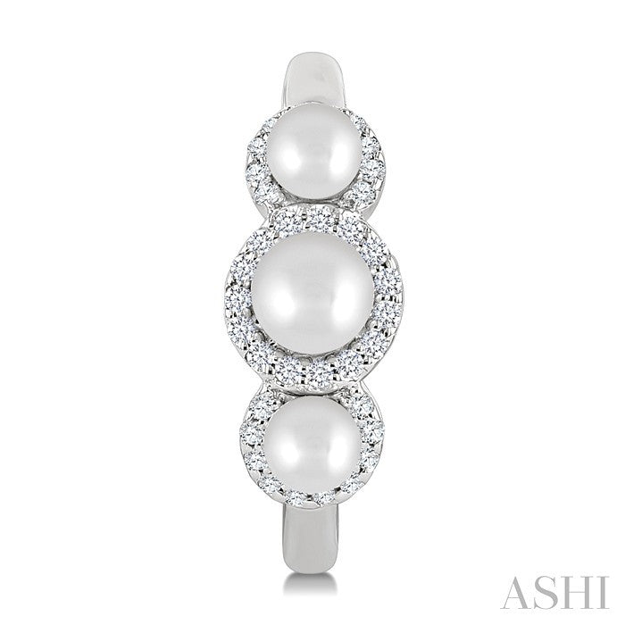 3MM & 4MM Cultured Pearl and 1/4 Ctw Round Cut Diamond Halo Half Hoop Earrings in 14K White Gold