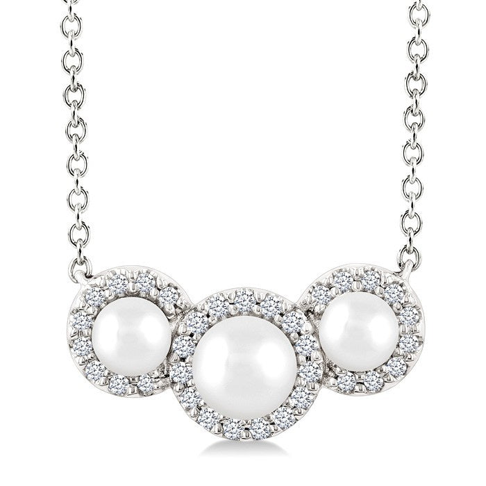 1/8 Ctw Past, Present & Future 4MM & 3MM Cultured Pearl and Round Cut Diamond Halo Pendant With Chain in 14K White Gold