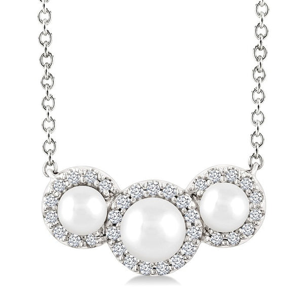 1/8 Ctw Past, Present & Future 4MM & 3MM Cultured Pearl and Round Cut Diamond Halo Pendant With Chain in 14K White Gold