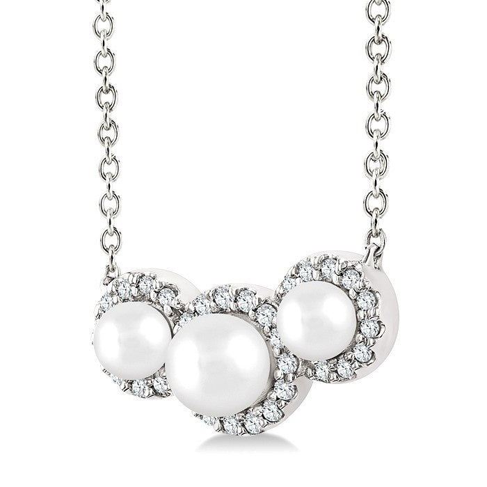 1/8 Ctw Past, Present & Future 4MM & 3MM Cultured Pearl and Round Cut Diamond Halo Pendant With Chain in 14K White Gold