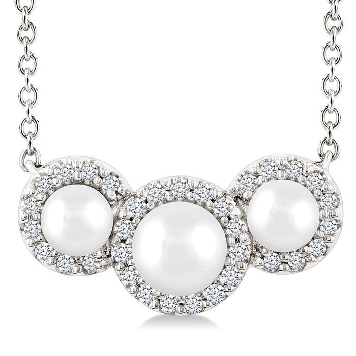 1/8 Ctw Past, Present & Future 4MM & 3MM Cultured Pearl and Round Cut Diamond Halo Pendant With Chain in 14K White Gold