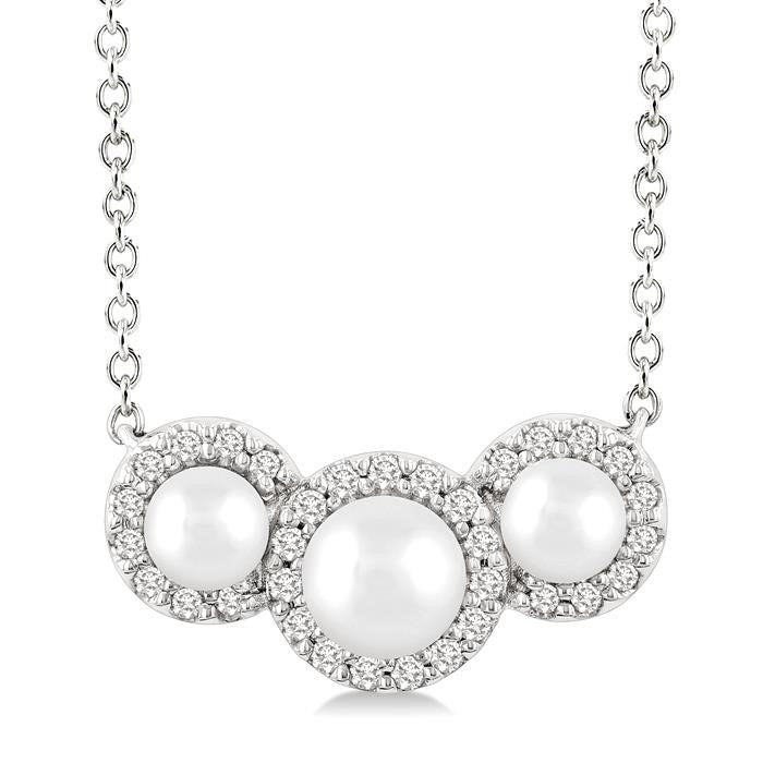 Round Shape Past Present & Future Pearl & Halo Diamond Pendant