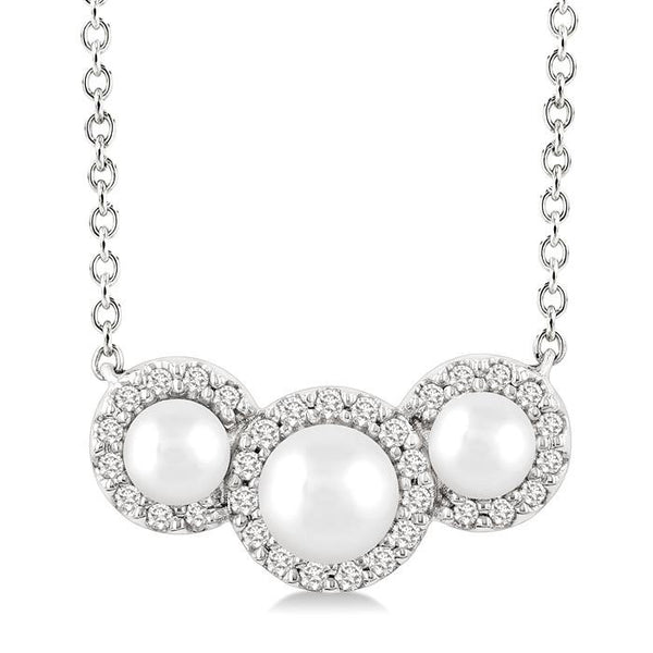 1/8 Ctw Past, Present & Future 4MM & 3MM Cultured Pearl and Round Cut Diamond Halo Pendant With Chain in 14K White Gold