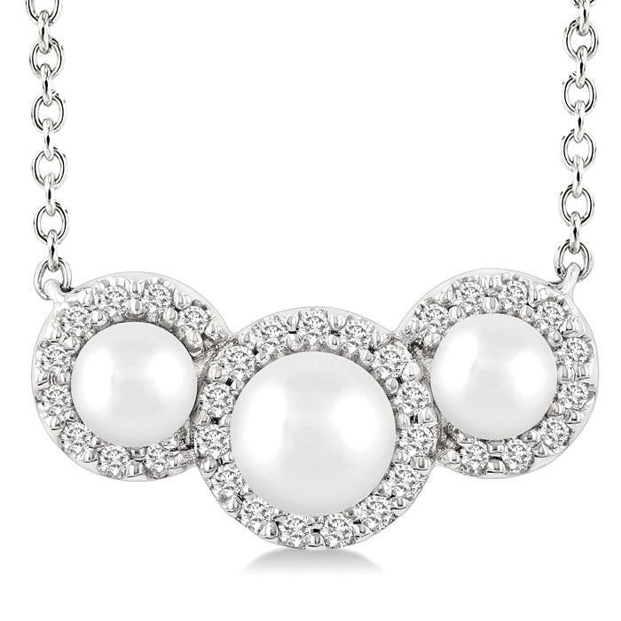 Round Shape Past Present & Future Pearl & Halo Diamond Pendant