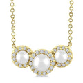 1/8 Ctw Past, Present & Future 4MM & 3MM Cultured Pearl and Round Cut Diamond Halo Pendant With Chain in 14K Yellow Gold