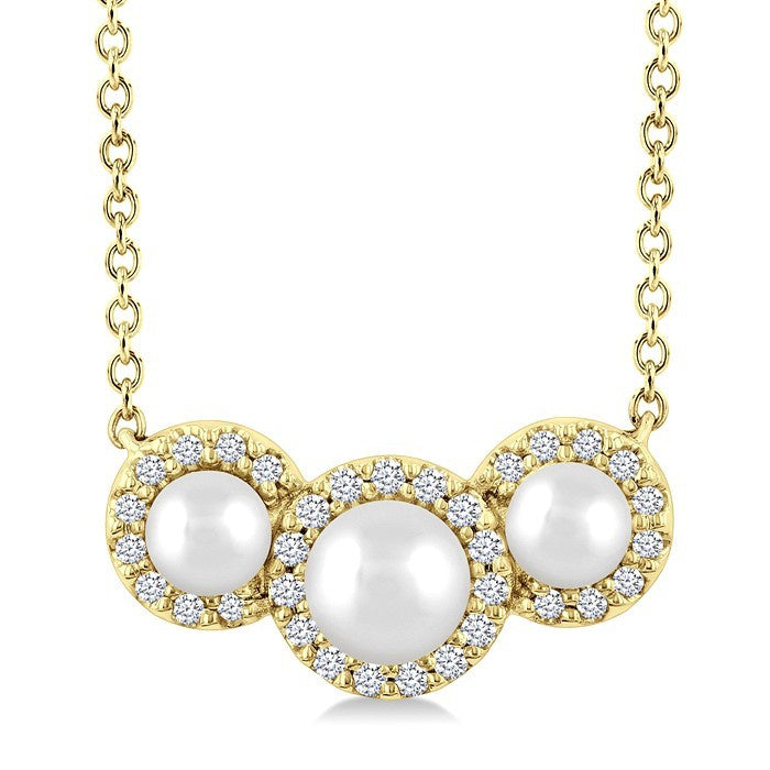 1/8 Ctw Past, Present & Future 4MM & 3MM Cultured Pearl and Round Cut Diamond Halo Pendant With Chain in 14K Yellow Gold