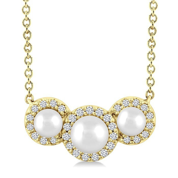 1/8 Ctw Past, Present & Future 4MM & 3MM Cultured Pearl and Round Cut Diamond Halo Pendant With Chain in 14K Yellow Gold