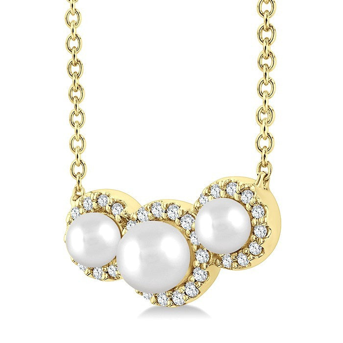 1/8 Ctw Past, Present & Future 4MM & 3MM Cultured Pearl and Round Cut Diamond Halo Pendant With Chain in 14K Yellow Gold