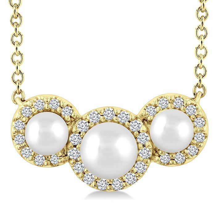 1/8 Ctw Past, Present & Future 4MM & 3MM Cultured Pearl and Round Cut Diamond Halo Pendant With Chain in 14K Yellow Gold