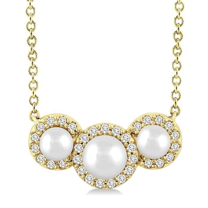 Round Shape Past Present & Future Pearl & Halo Diamond Pendant