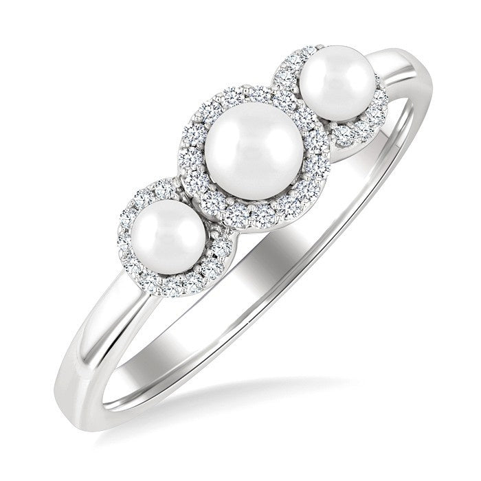 1/8 Ctw Past, Present & Future 4MM & 3MM Cultured Pearl and Round Cut Diamond Halo Ring in 14K White Gold