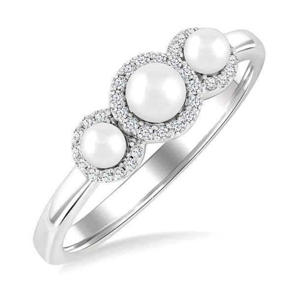 1/8 Ctw Past, Present & Future 4MM & 3MM Cultured Pearl and Round Cut Diamond Halo Ring in 14K White Gold