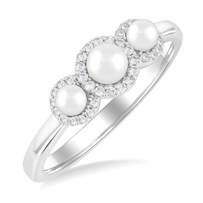 1/8 Ctw Past, Present & Future 4MM & 3MM Cultured Pearl and Round Cut Diamond Halo Ring in 14K White Gold