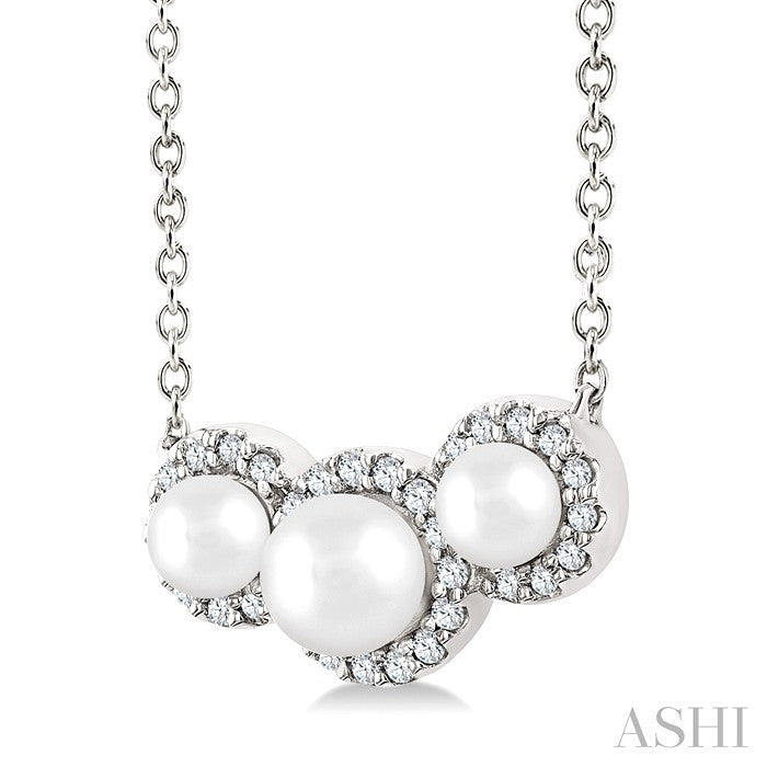 1/8 Ctw Past, Present & Future 4MM & 3MM Cultured Pearl and Round Cut Diamond Halo Pendant With Chain in 14K White Gold