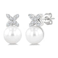 6 MM Cultured Pearl and 1/10 Ctw Round Cut Diamond Floral Fashion Earrings in 14K White Gold