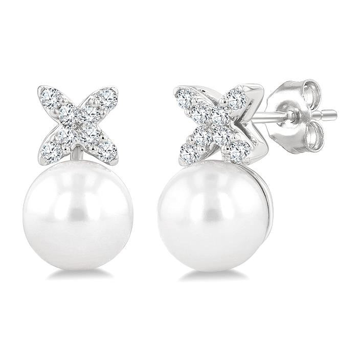 6 MM Cultured Pearl and 1/10 Ctw Round Cut Diamond Floral Fashion Earrings in 14K White Gold