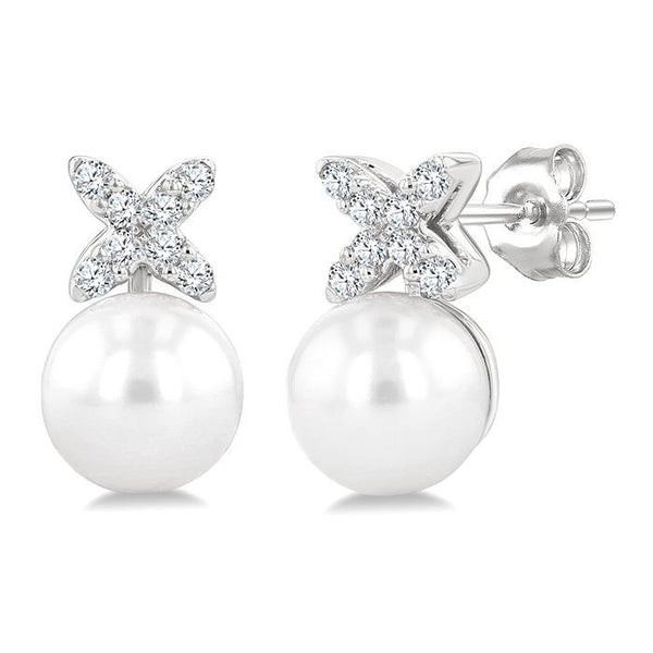 6 MM Cultured Pearl and 1/10 Ctw Round Cut Diamond Floral Fashion Earrings in 14K White Gold