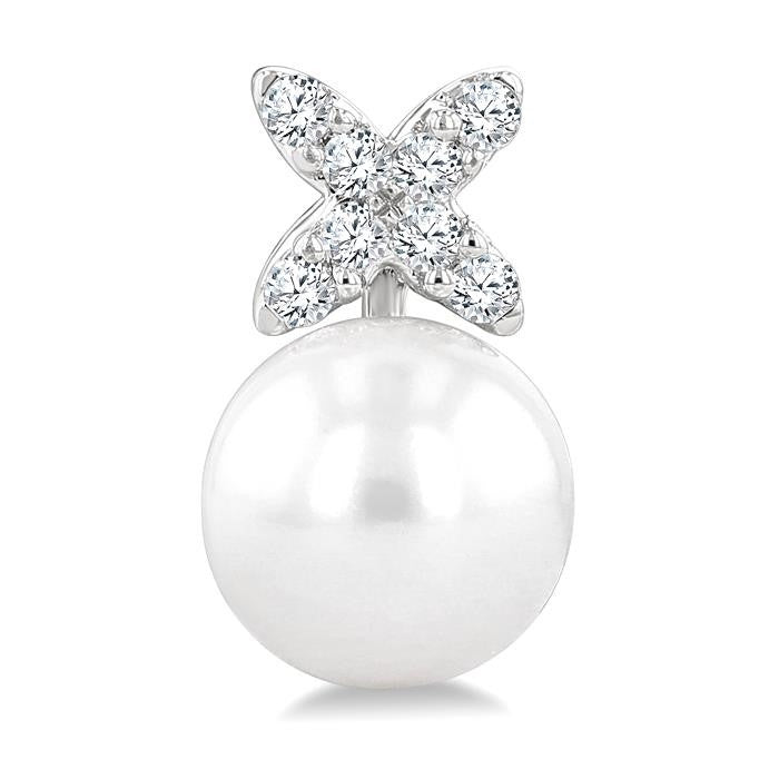 6 MM Cultured Pearl and 1/10 Ctw Round Cut Diamond Floral Fashion Earrings in 14K White Gold
