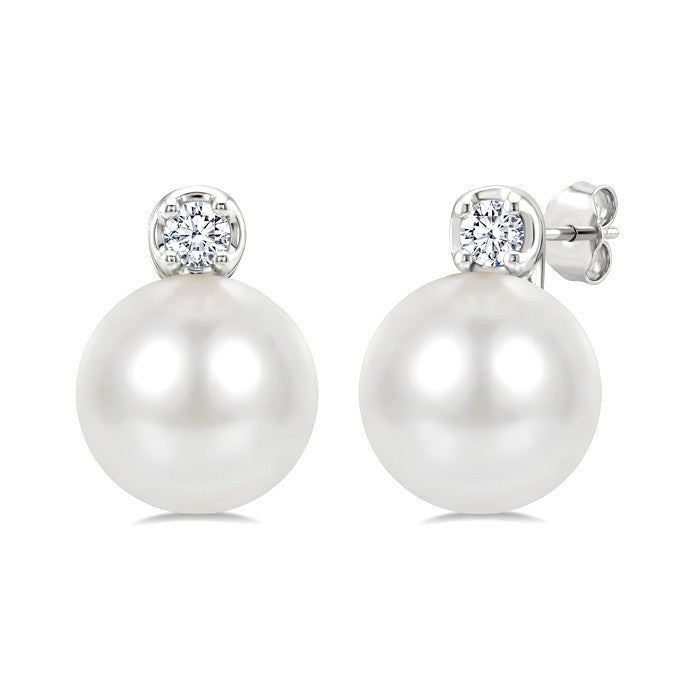 6 MM Cultured Pearl and 1/20 Ctw Round Cut Diamond Fashion Earrings in 10K White Gold