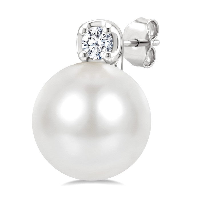 6 MM Cultured Pearl and 1/20 Ctw Round Cut Diamond Fashion Earrings in 10K White Gold