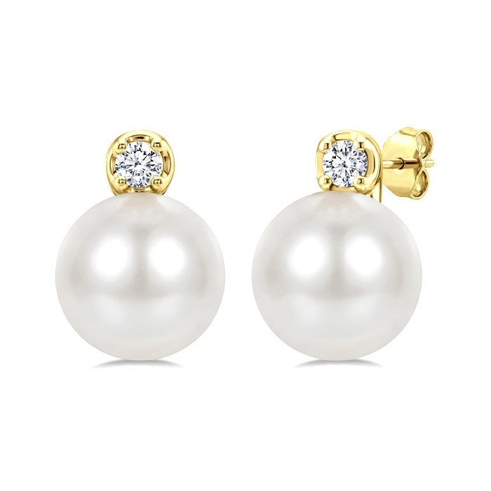 6 MM Cultured Pearl and 1/20 Ctw Round Cut Diamond Fashion Earrings in 10K Yellow Gold