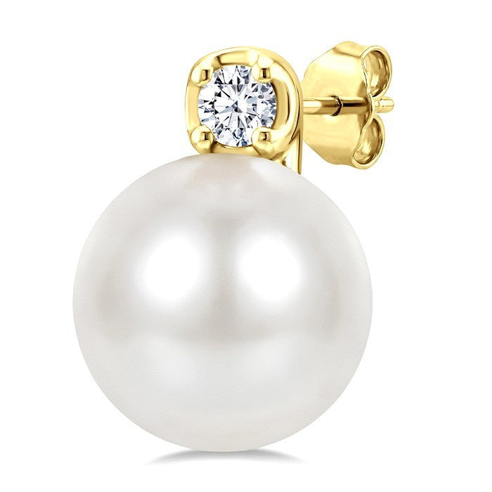 6 MM Cultured Pearl and 1/20 Ctw Round Cut Diamond Fashion Earrings in 10K Yellow Gold