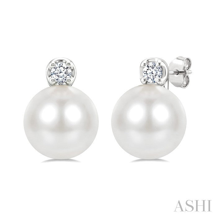 6 MM Cultured Pearl and 1/20 Ctw Round Cut Diamond Fashion Earrings in 10K White Gold