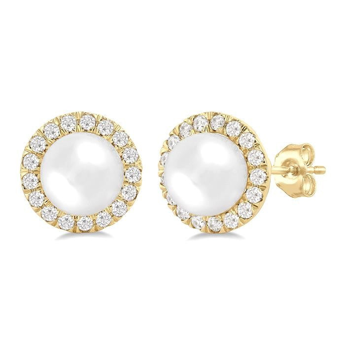 6 MM White Cultured Pearl and 1/4 Ctw Round Cut Diamond Halo Stud Earrings in 14K Yellow Gold