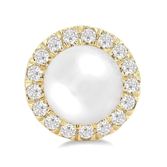 6 MM White Cultured Pearl and 1/4 Ctw Round Cut Diamond Halo Stud Earrings in 14K Yellow Gold