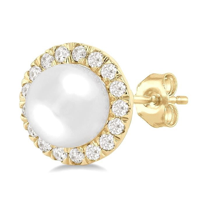 6 MM White Cultured Pearl and 1/4 Ctw Round Cut Diamond Halo Stud Earrings in 14K Yellow Gold