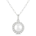 6 MM Cultured White Pearl and 1/6 Ctw Round Cut Diamond Halo Pendant With Chain in 14K White Gold