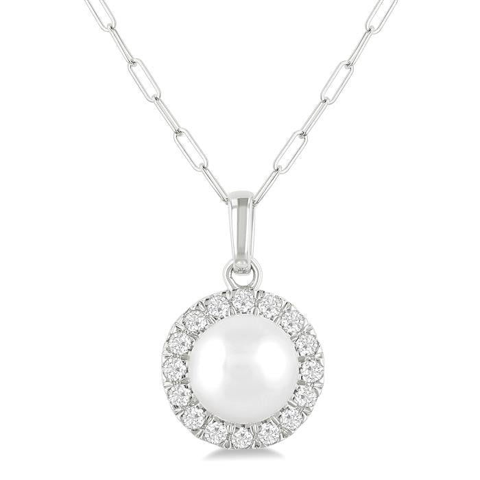 6 MM Cultured White Pearl and 1/6 Ctw Round Cut Diamond Halo Pendant With Chain in 14K White Gold