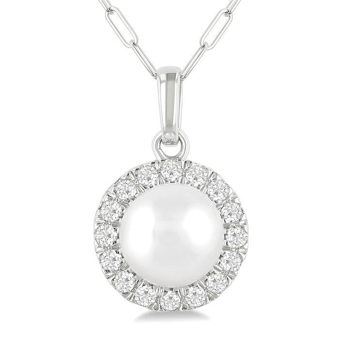6 MM Cultured White Pearl and 1/6 Ctw Round Cut Diamond Halo Pendant With Chain in 14K White Gold