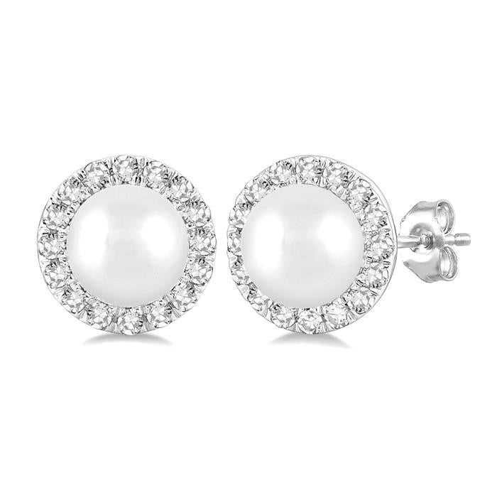 4.5 MM White Cultured Pearl and 1/8 Ctw Round Cut Diamond Halo Stud Earrings in 14K White Gold