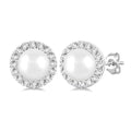 4.5 MM White Cultured Pearl and 1/8 Ctw Round Cut Diamond Halo Stud Earrings in 14K White Gold