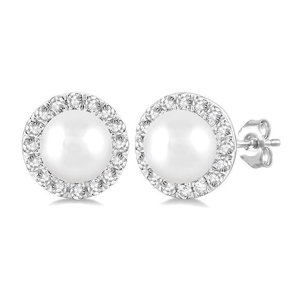 4.5 MM White Cultured Pearl and 1/8 Ctw Round Cut Diamond Halo Stud Earrings in 14K White Gold