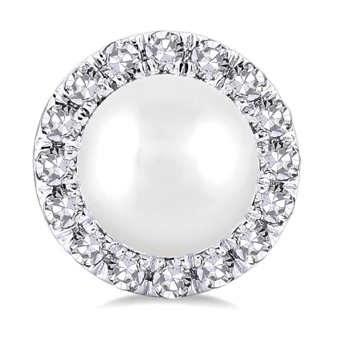 4.5 MM White Cultured Pearl and 1/8 Ctw Round Cut Diamond Halo Stud Earrings in 14K White Gold