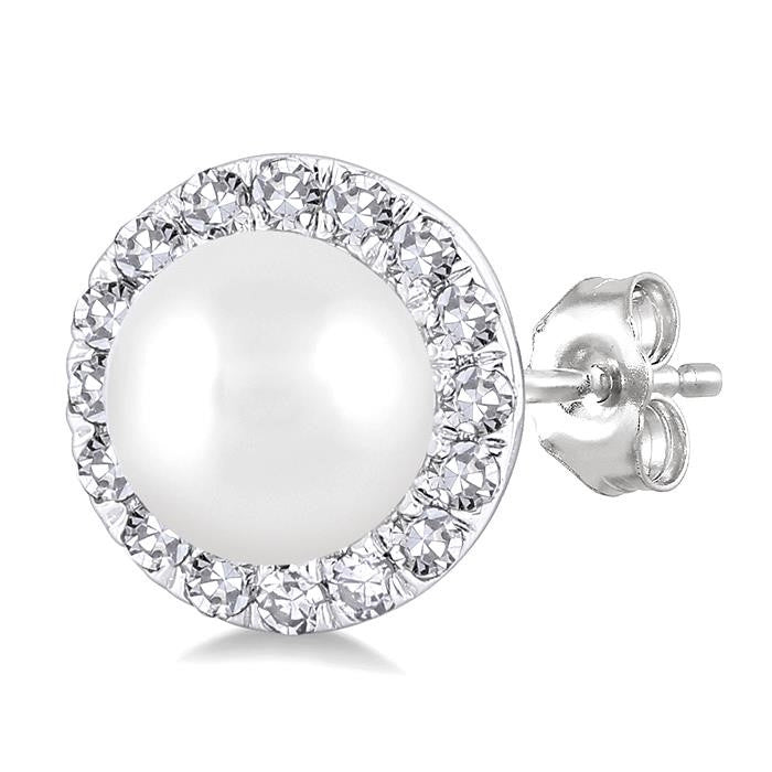 4.5 MM White Cultured Pearl and 1/8 Ctw Round Cut Diamond Halo Stud Earrings in 14K White Gold